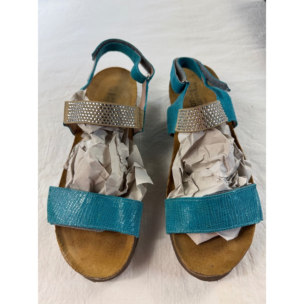 Naot Turquoise Leather Rhinestone Slingback Sandals Blue Cork Footbed‎ 41 L10 - Picture 4 of 8